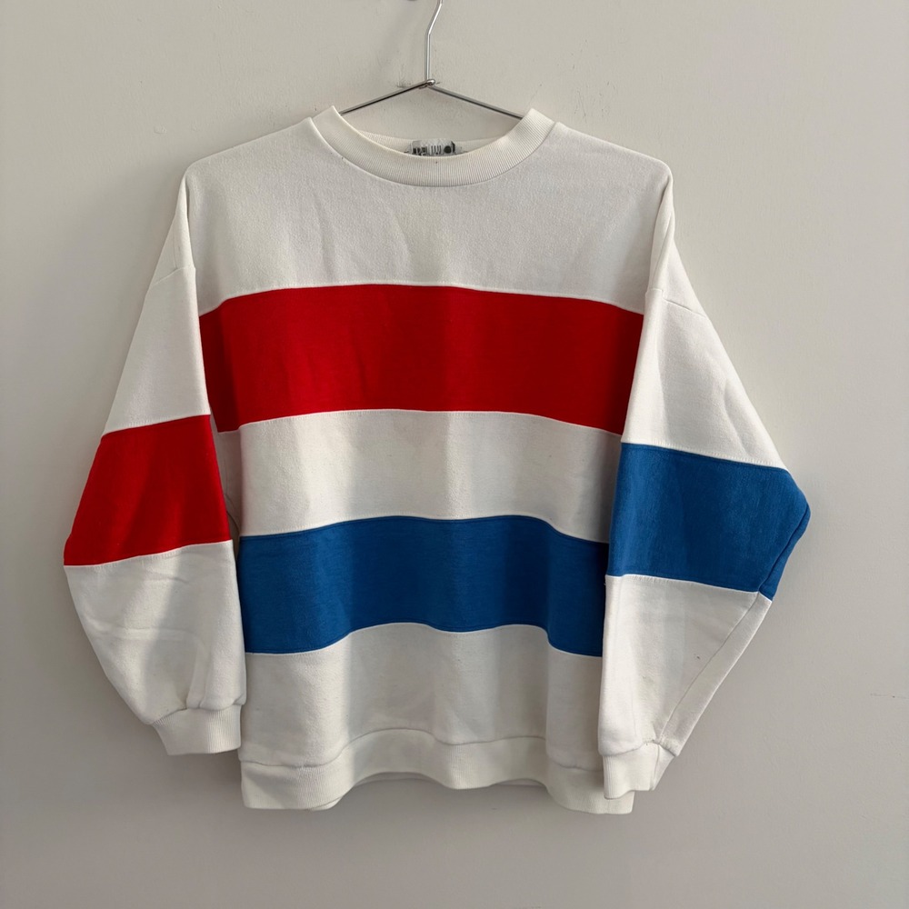 Vintage Orientation Striped Sweatshirt White Red Blue Large
